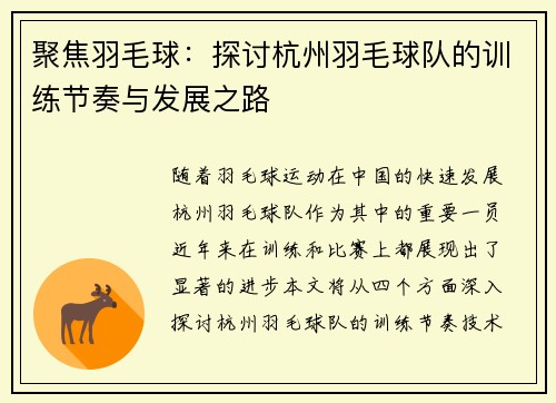 聚焦羽毛球：探讨杭州羽毛球队的训练节奏与发展之路